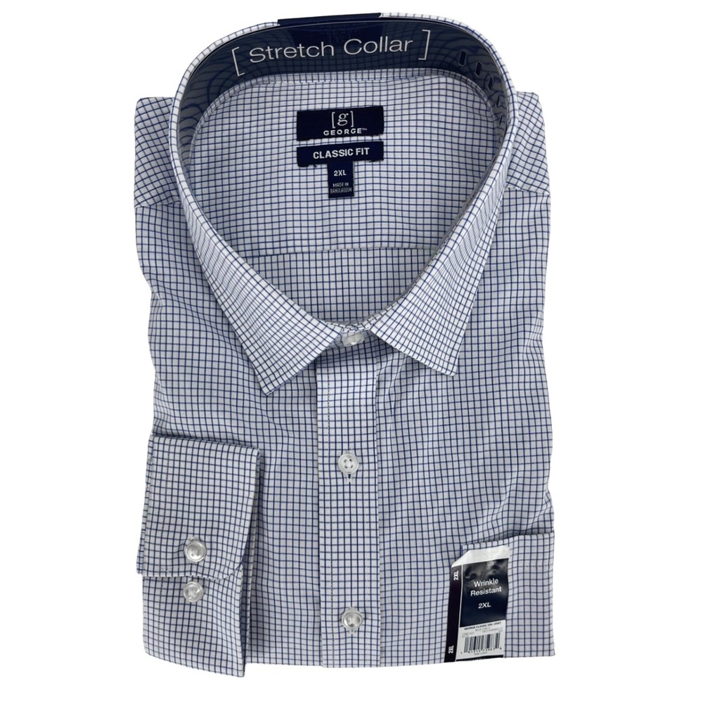 George Classic Dress‎ Shirt Men 2XL Blue Check Wrinkle Resistant Business Casual